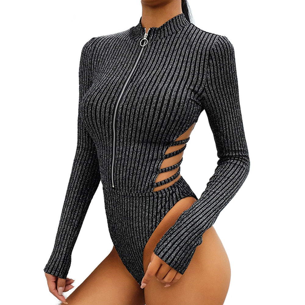 Glittery Backless Striped Bodysuit Glittery Backless Silver Striped Bodysuit Silver Front