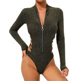 Glittery Backless Silver Striped Bodysuit Gold Front Open Glittery Backless Silver Striped Bodysuit Gold Front Open