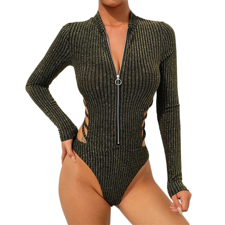Glittery Backless Striped Bodysuit Glittery Backless Silver Striped Bodysuit Gold Front Open
