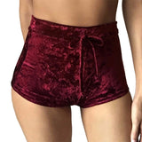 Dark Red Shiny High-Waist Velvet Booty Shorts - Front Dark Red Shiny High-Waist Velvet Booty Shorts - Front