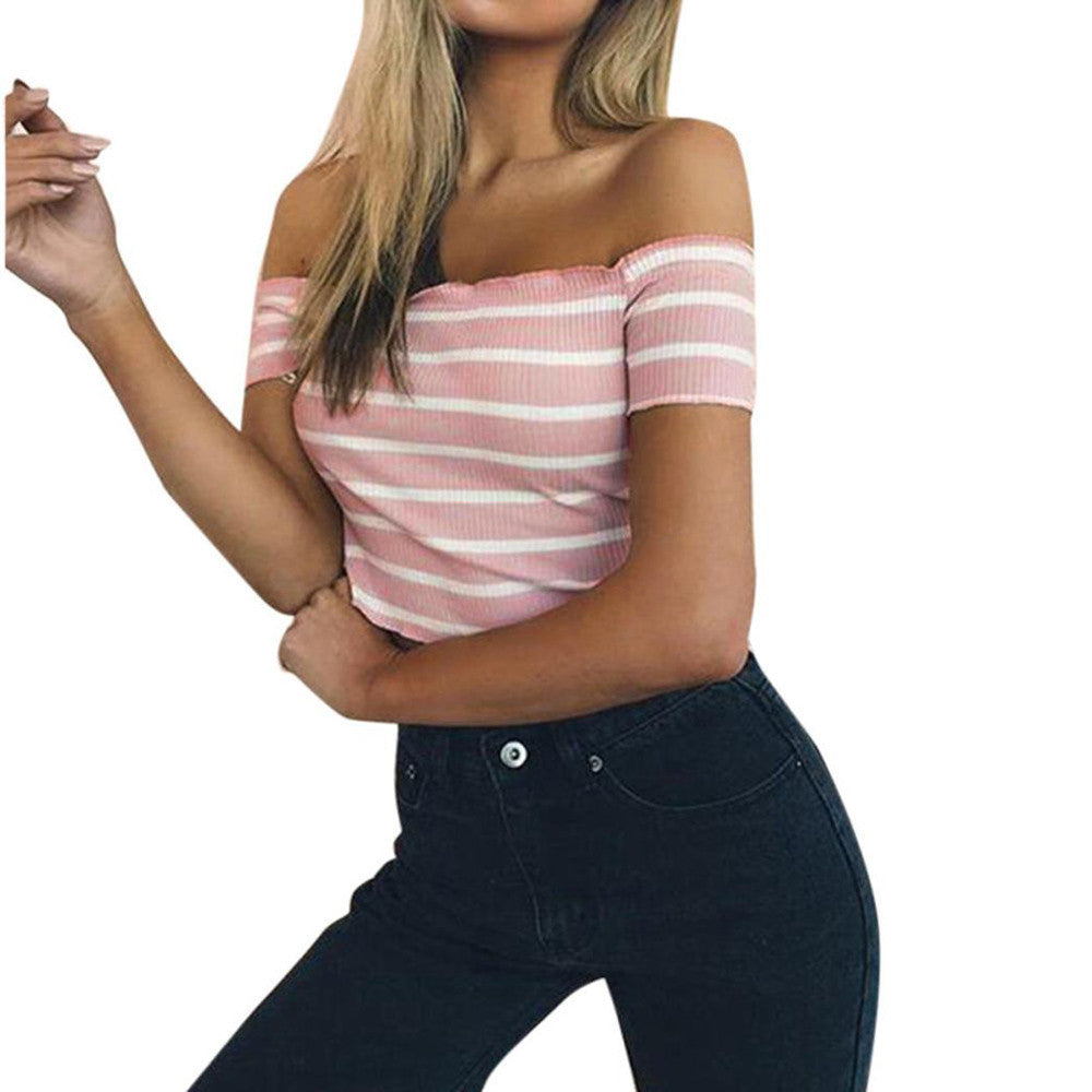 Striped Off Shoulder Crop Top Pink Striped Off Shoulder Crop Top