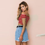 Red Striped Off Shoulder Crop Top - Model Red Striped Off Shoulder Crop Top - Model