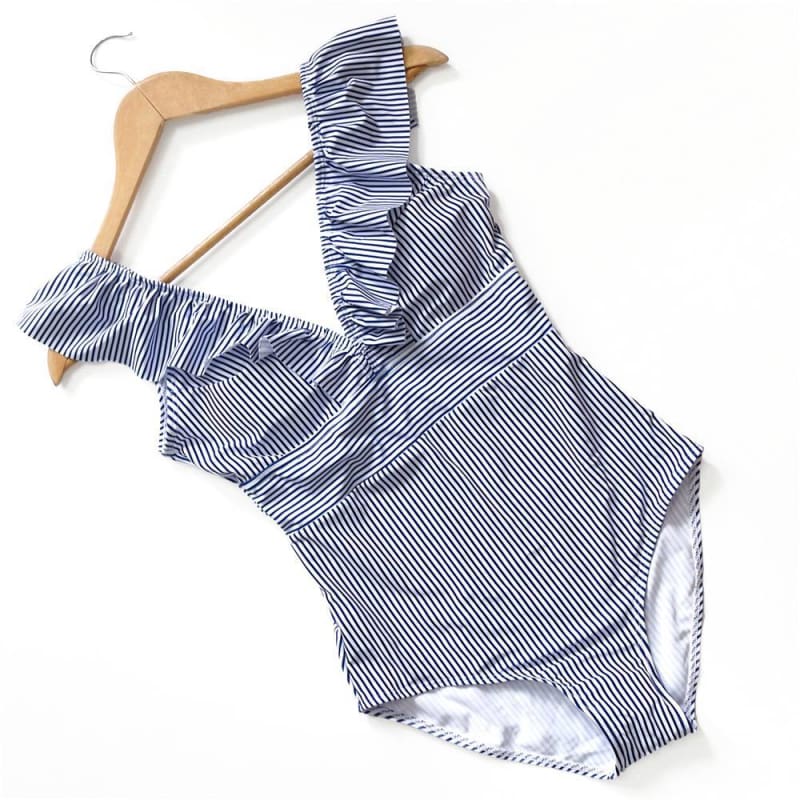 Retro Striped V-Neck One Piece Swimsuit Retro Striped V-Neck One Piece Swimsuit - Blue Stripes Details - Swimwear