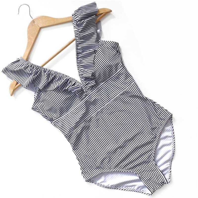 Retro Striped V-Neck One Piece Swimsuit Retro Striped V-Neck One Piece Swimsuit - Black Stripes Details - Swimwear