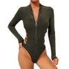 Glittery Backless Silver Striped Bodysuit Gold Front Open